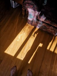 Low section of person on hardwood floor