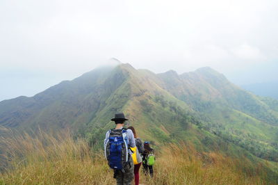 Rear view of friends hiking on mountain