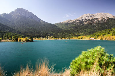 Scenic view of lake and mountains against sky