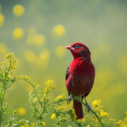A lovely little red finch bird in green mustard fields basking in the sun 
