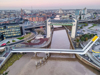 Drone view of the river hull and all bridges through hull, uk