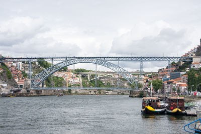 Bridge over river against cloudy sky