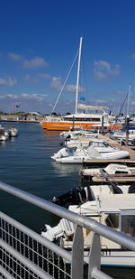 Sailboats moored at harbor against blue sky