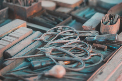 High angle view of old machine on table