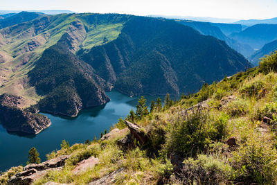 High angle view of lake and mountains