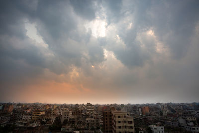 Aerial view of cityscape at sunset