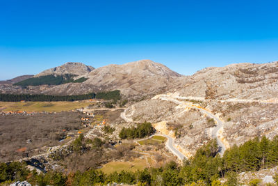 Scenic view of mountains against clear blue sky