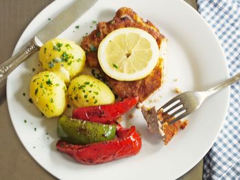 High angle view of food in plate on table