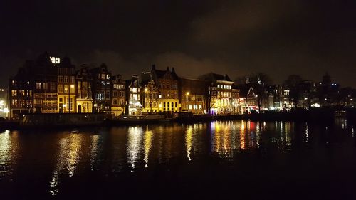 View of city lit up at night