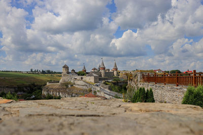 View of temple on building against cloudy sky