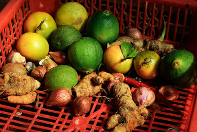 High angle view of apples in basket