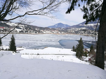 Scenic view of snowcapped mountains and lake against sky
