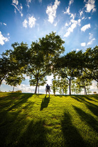 Man walking on field against trees