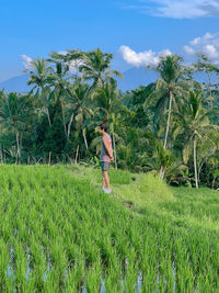 Rear view of woman standing on field against sky