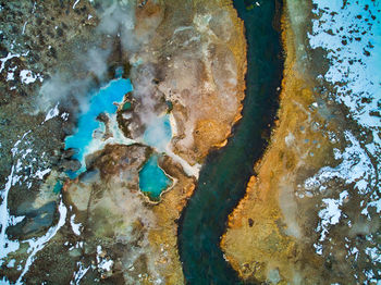 Aerial view of hot spring during winter