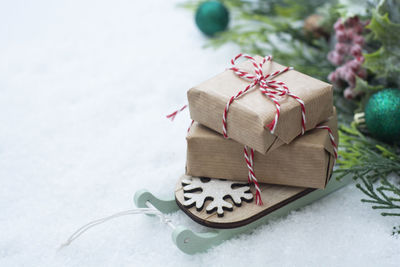 Close-up of christmas decoration on snow