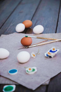 High angle view of eggs on table