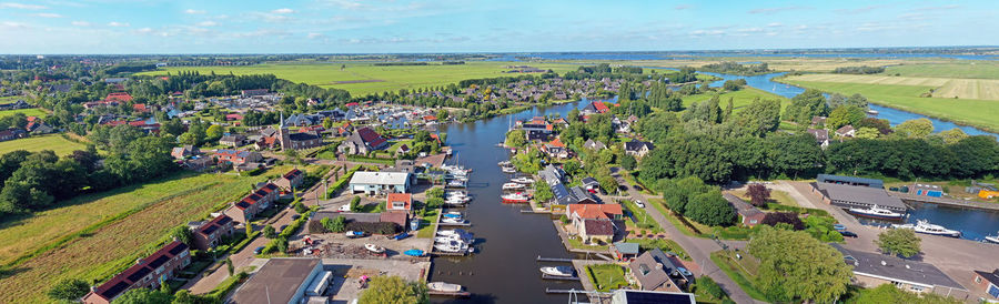 Aerial panorama from the little village uitwellingerga in friesland the netherlands