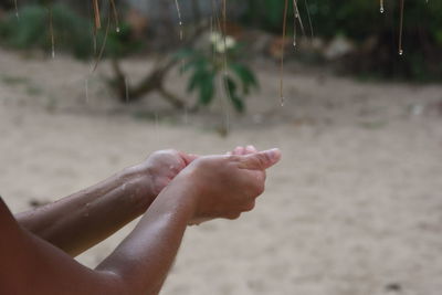 Cropped hands of person holding raindrops