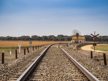 Railroad tracks on field against sky