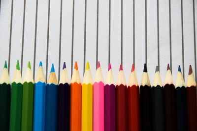 Close-up of multi colored pencils on paper