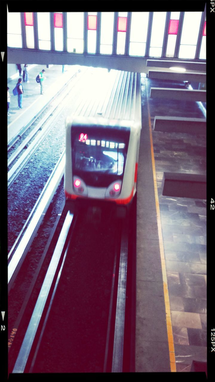 transfer print, auto post production filter, red, transportation, indoors, architecture, built structure, high angle view, railroad station, railing, illuminated, railroad station platform, incidental people, travel, public transportation, subway station, city, mode of transport, steps, no people