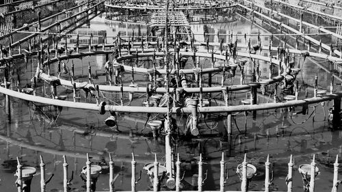 High angle view of boats moored in water