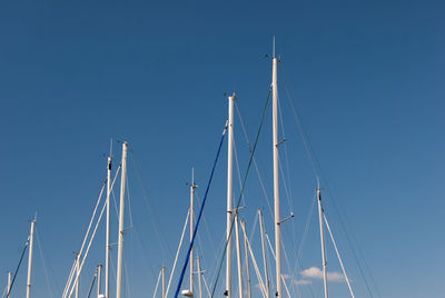 Low angle view of sailboat against clear blue sky