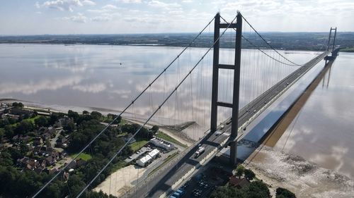 High angle view of suspension bridge over river