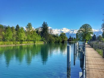 Scenic view of lake against clear blue sky