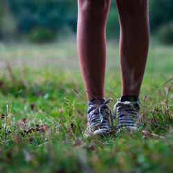 Low section of man wearing shoes standing on grassy field