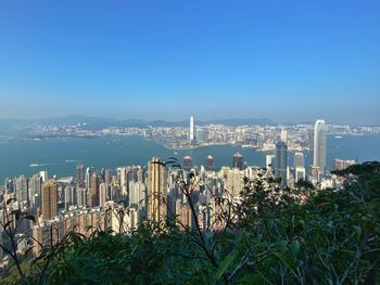 Panoramic view of city buildings against clear blue sky