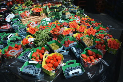 High angle view of various fruits for sale in market