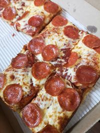 High angle view of pizza on table