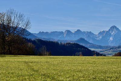 Scenic view of field against mountains and sky