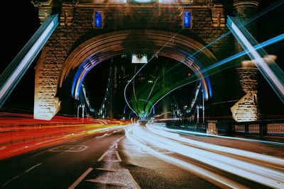 Light trails on road at night