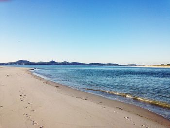 Scenic view of beach against clear blue sky