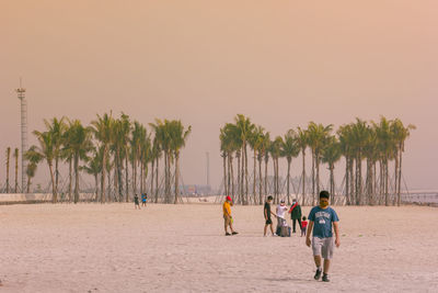 People walking on beach against clear sky