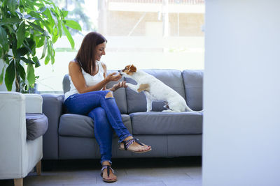 Woman playing with dog while sitting on sofa