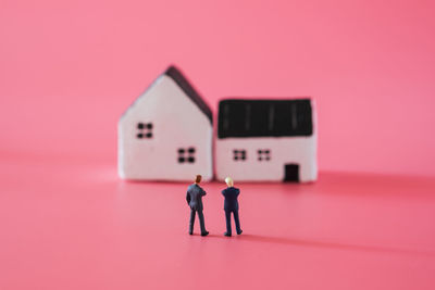Rear view of friends standing against pink house