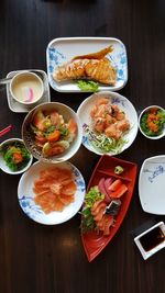 High angle view of meal served on table