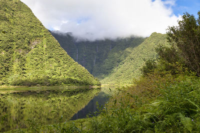 The grand etang and the bras d'annette waterfalls in reunion island.