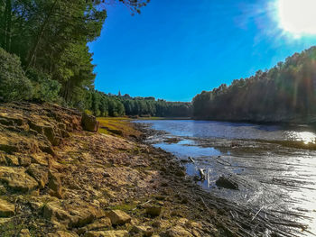 Scenic view of lake against blue sky