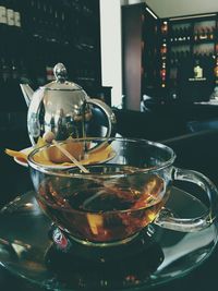 Close-up of tea in glass on table