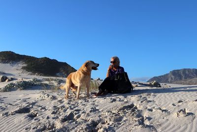 Woman with dog sitting on sand