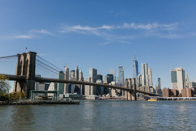 Bridge over river by buildings against sky