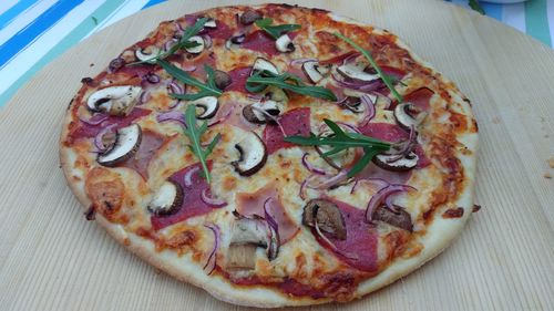 Close-up of pizza on table