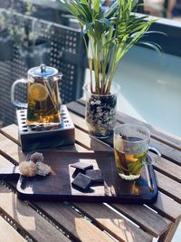 Glass of tea on table at home