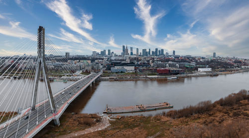 Aerial panorama of warsaw, poland with swietokrzyski bridge