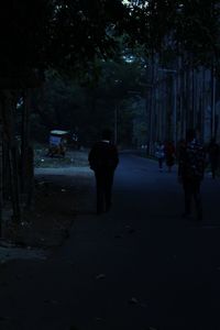 Rear view of people walking on footpath at night